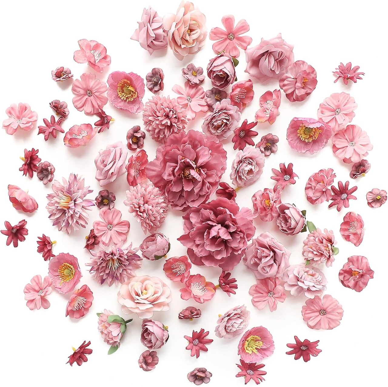 80 PCS Mini Artificial Flower Heads – Mixed Faux Silk Peony, Daisy & Rose Flowers for DIY Crafts, Cake & Party Decorations